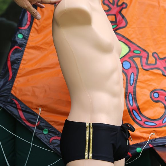 Andrew Christian Swim Trunk w Gold Side Stripe Medium